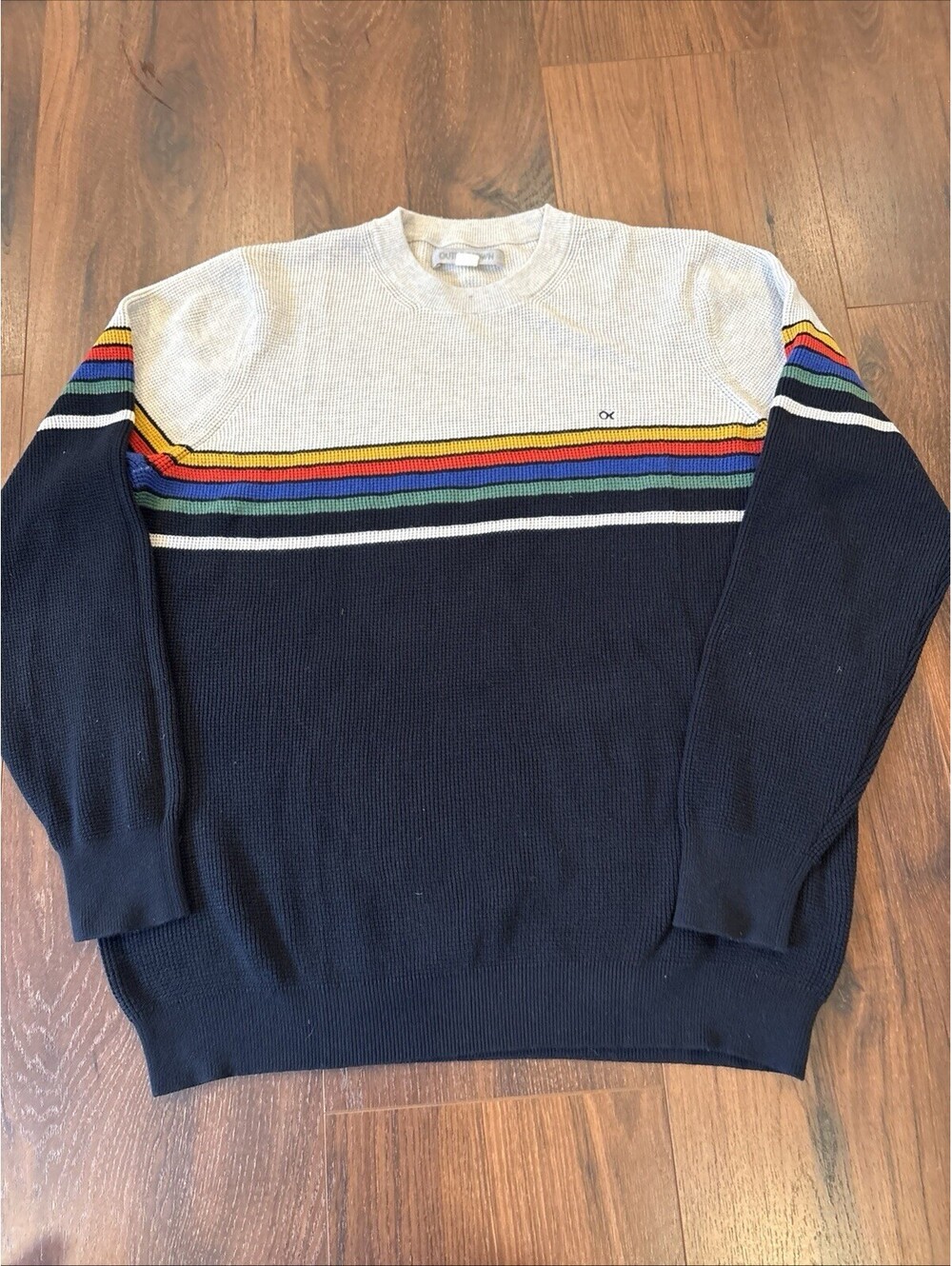 Outerknown Mens Sweater XXL Blue Striped Nostalgic Organic Cotton Waffle Knit